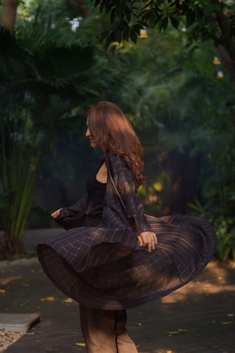 Kuro Chanderi Cape linen by Zanzibar Living in black, gold for women in Singapore