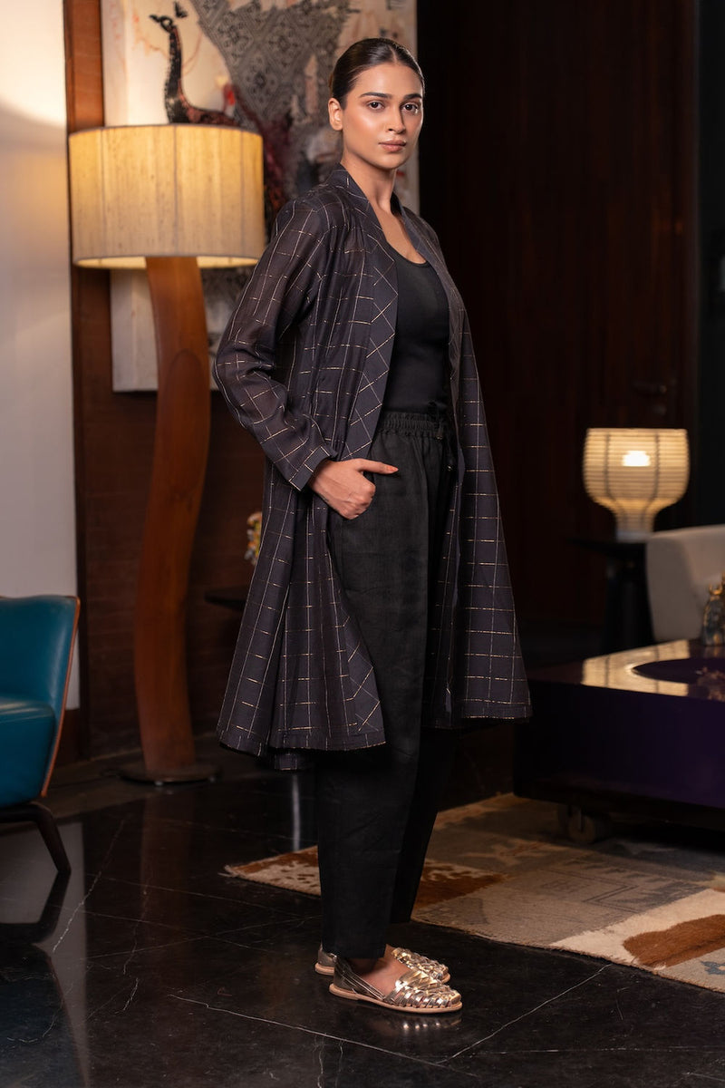 Kuro Chanderi Cape linen by Zanzibar Living in black, gold for women in Singapore