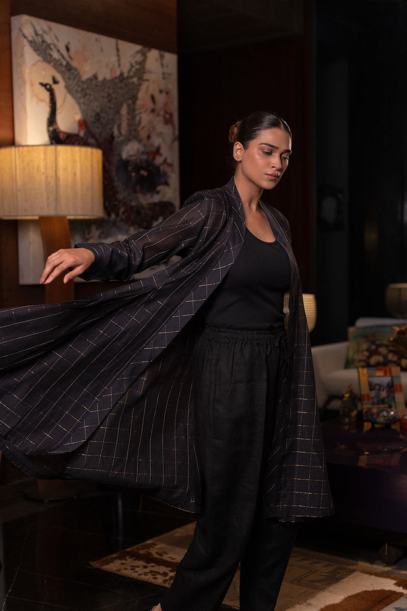 Kuro Chanderi Cape linen by Zanzibar Living in black, gold for women in Singapore