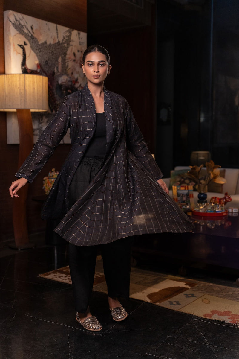 Kuro Chanderi Cape linen by Zanzibar Living in black, gold for women in Singapore