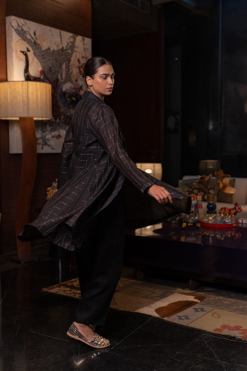 Kuro Chanderi Cape linen by Zanzibar Living in black, gold for women in Singapore