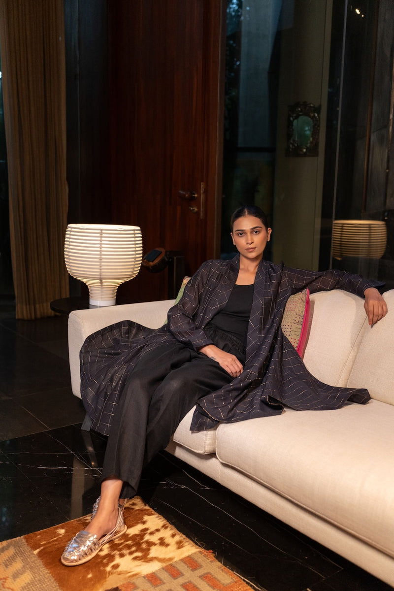 Kuro Chanderi Cape linen by Zanzibar Living in black, gold for women in Singapore