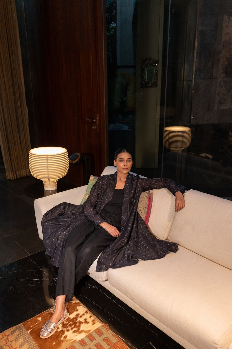 Kuro Chanderi Cape linen by Zanzibar Living in black, gold for women in Singapore