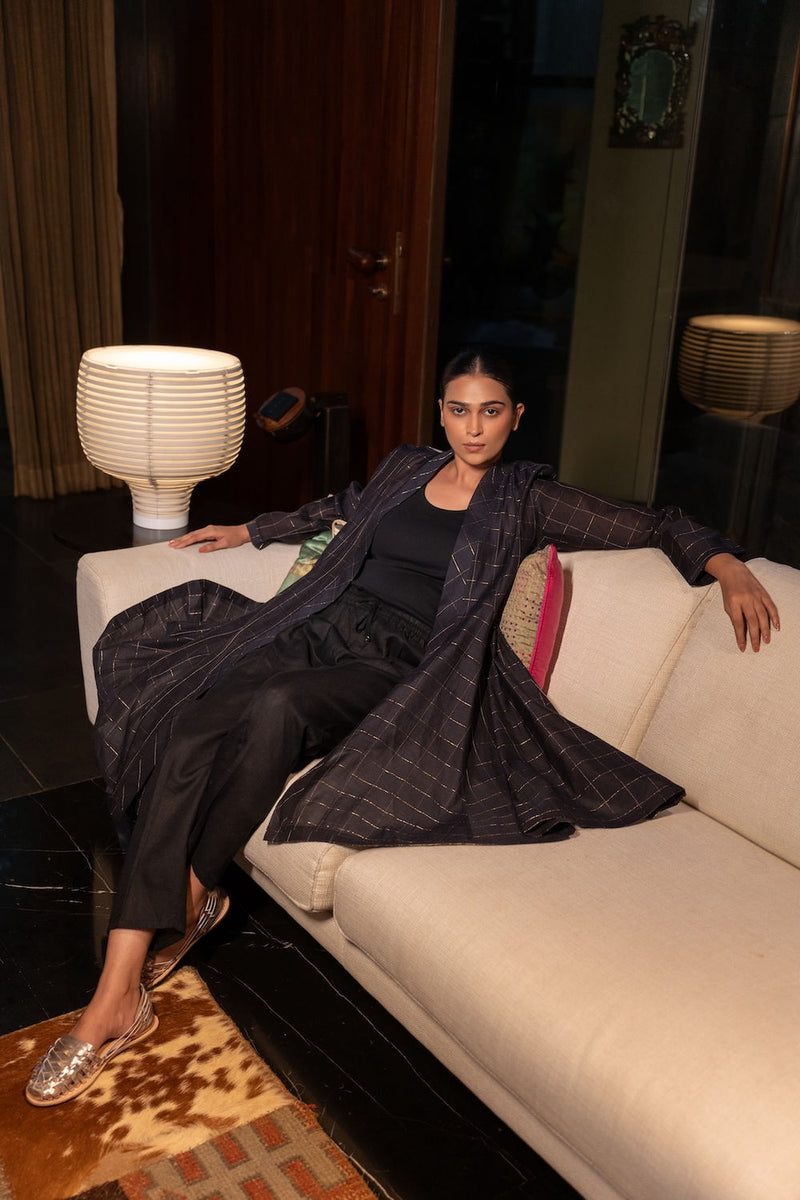 Kuro Chanderi Cape linen by Zanzibar Living in black, gold for women in Singapore