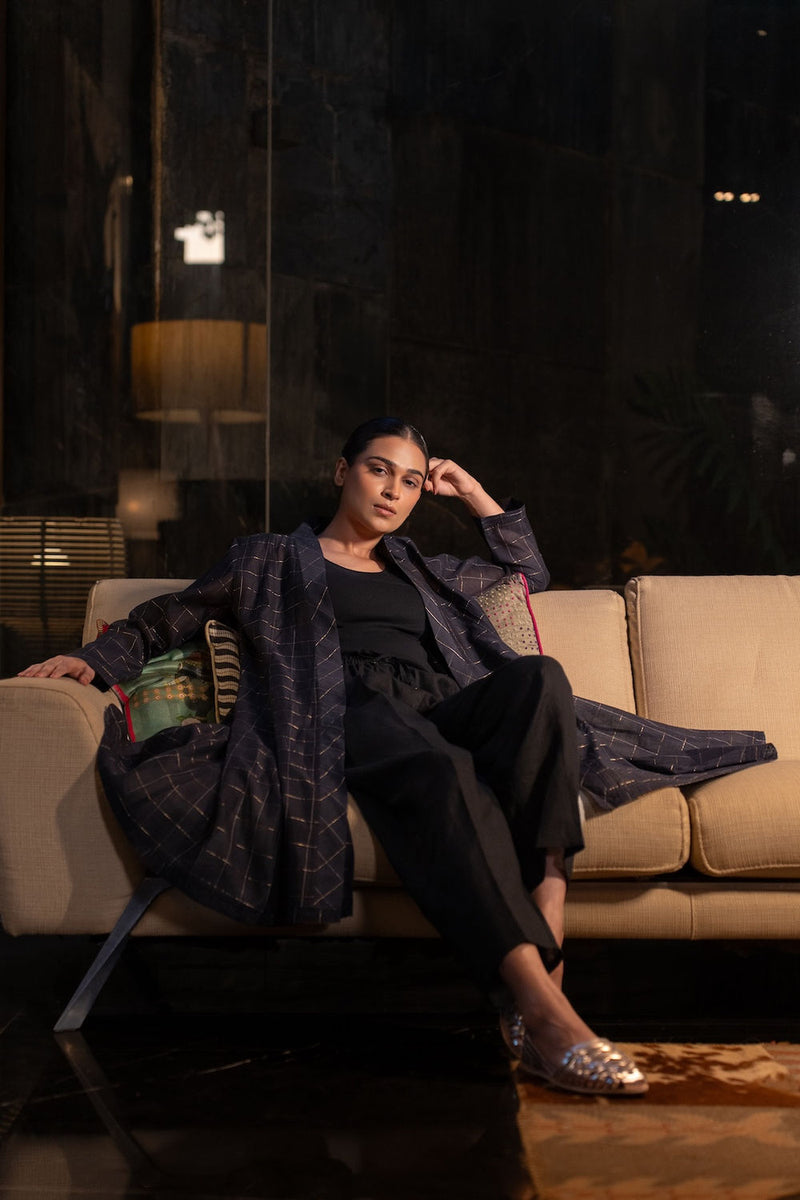 Kuro Chanderi Cape linen by Zanzibar Living in black, gold for women in Singapore
