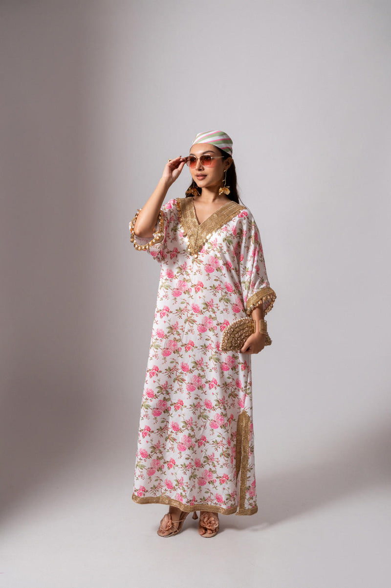 Linen digital print white kaftan dress-White & Pink linen Buy Linen digital print white kaftan dress-White & Pink from C&W | Tunics And Kaftan for Women by Maison Shefali for women in Singapore