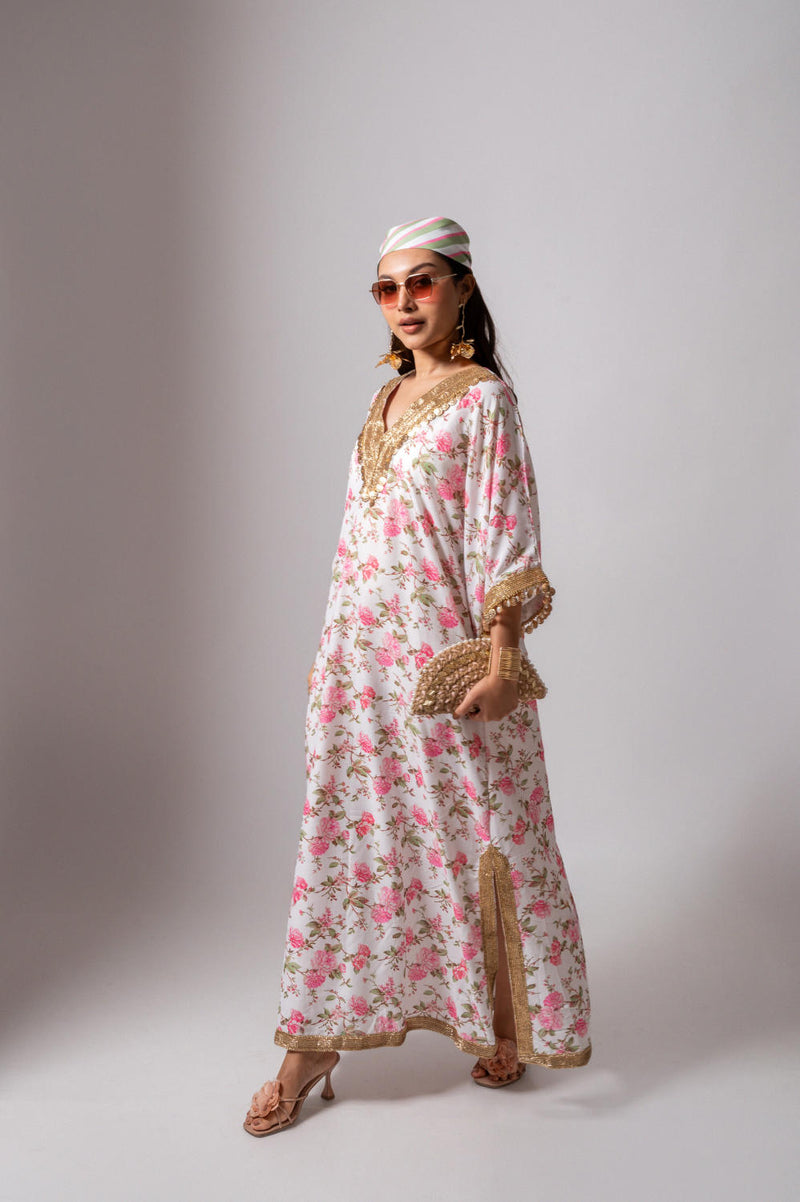 Linen digital print white kaftan dress-White & Pink linen Buy Linen digital print white kaftan dress-White & Pink from C&W | Tunics And Kaftan for Women by Maison Shefali for women in Singapore