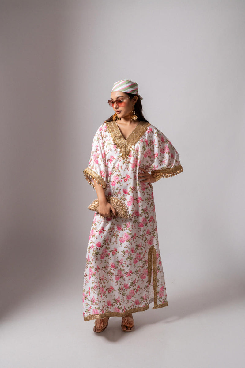Linen digital print white kaftan dress-White & Pink linen Buy Linen digital print white kaftan dress-White & Pink from C&W | Tunics And Kaftan for Women by Maison Shefali for women in Singapore