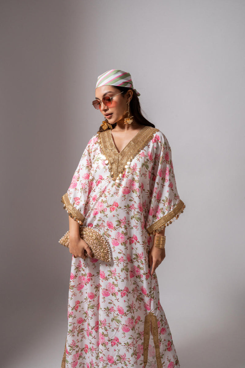 Linen digital print white kaftan dress-White & Pink linen Buy Linen digital print white kaftan dress-White & Pink from C&W | Tunics And Kaftan for Women by Maison Shefali for women in Singapore