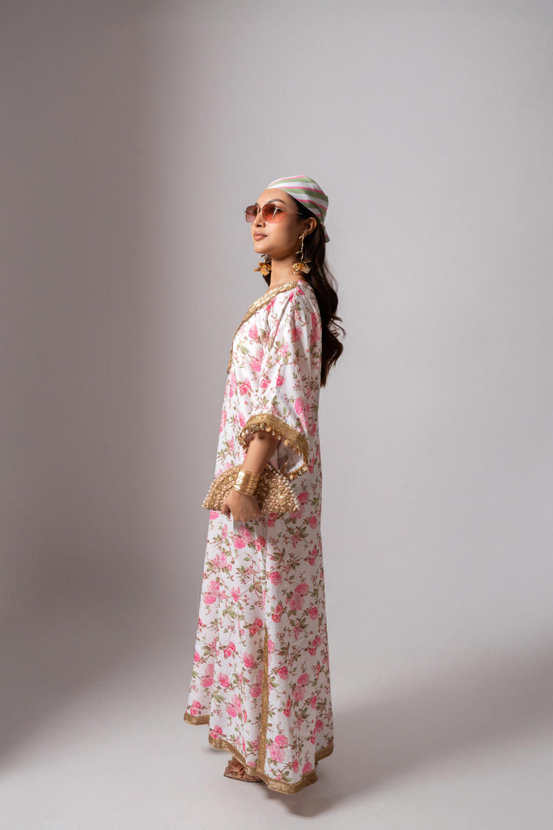 Linen digital print white kaftan dress-White & Pink linen Buy Linen digital print white kaftan dress-White & Pink from C&W | Tunics And Kaftan for Women by Maison Shefali for women in Singapore