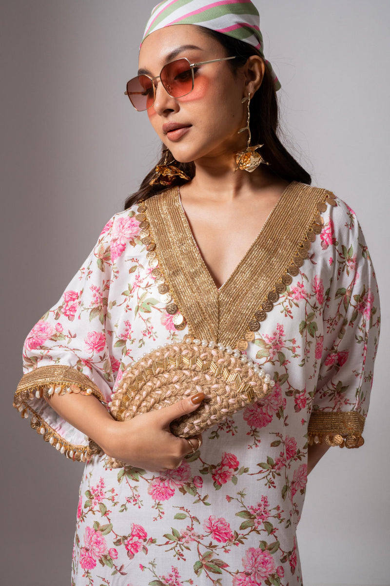 Linen digital print white kaftan dress-White & Pink linen Buy Linen digital print white kaftan dress-White & Pink from C&W | Tunics And Kaftan for Women by Maison Shefali for women in Singapore