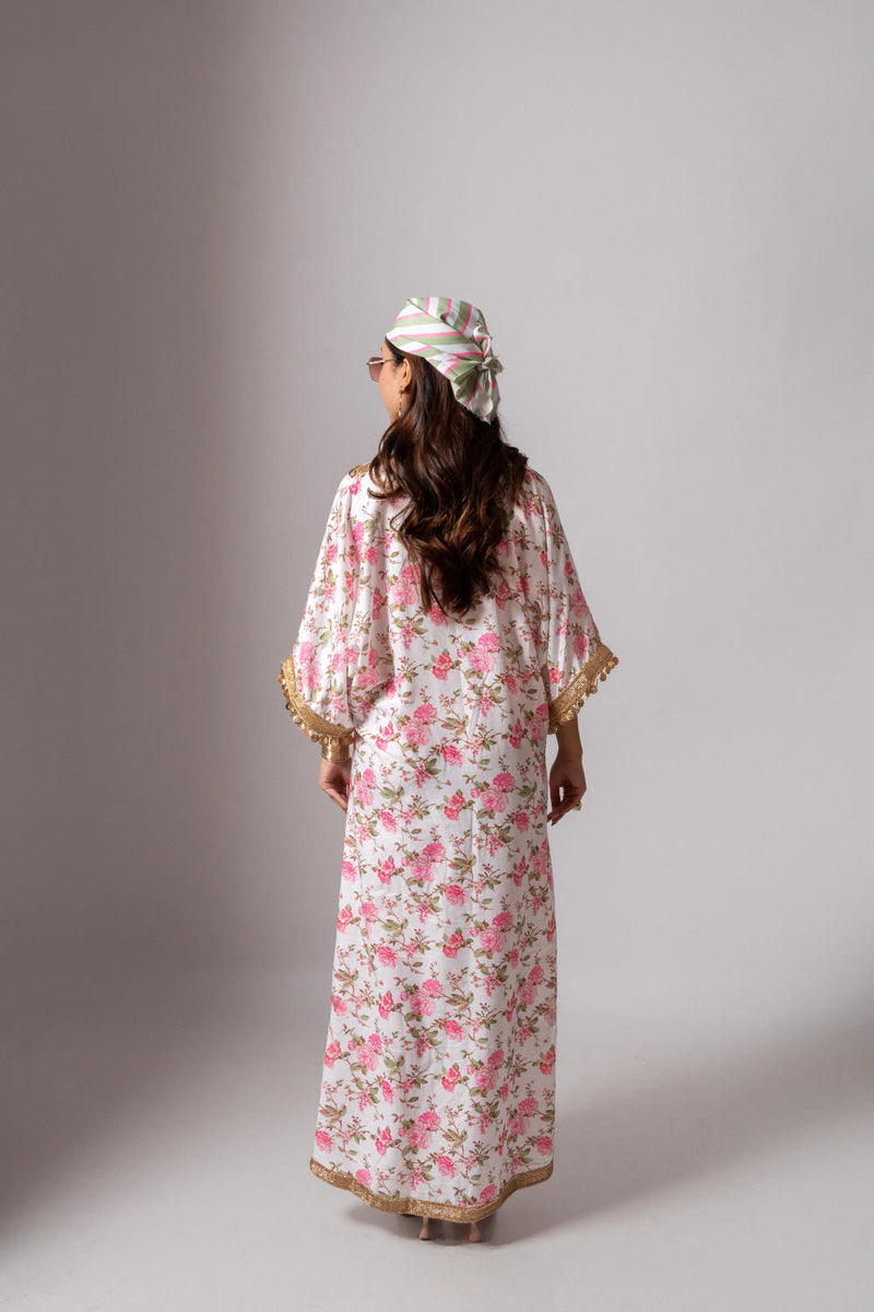 Linen digital print white kaftan dress-White & Pink linen Buy Linen digital print white kaftan dress-White & Pink from C&W | Tunics And Kaftan for Women by Maison Shefali for women in Singapore