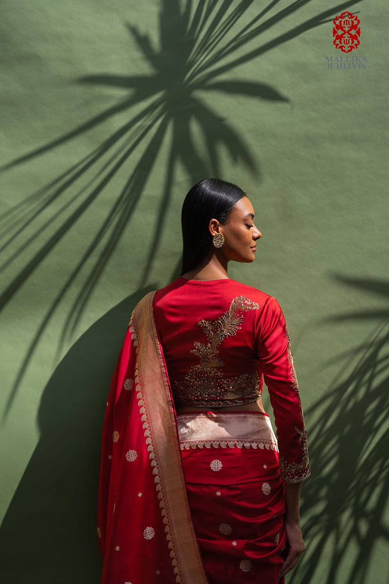Zinnia red satin silk blouse hand embroidered satin Buy Zinnia red satin silk blouse hand embroidered from C&W | Blouses for Women by Mallika Mathur in red color for women in Singapore