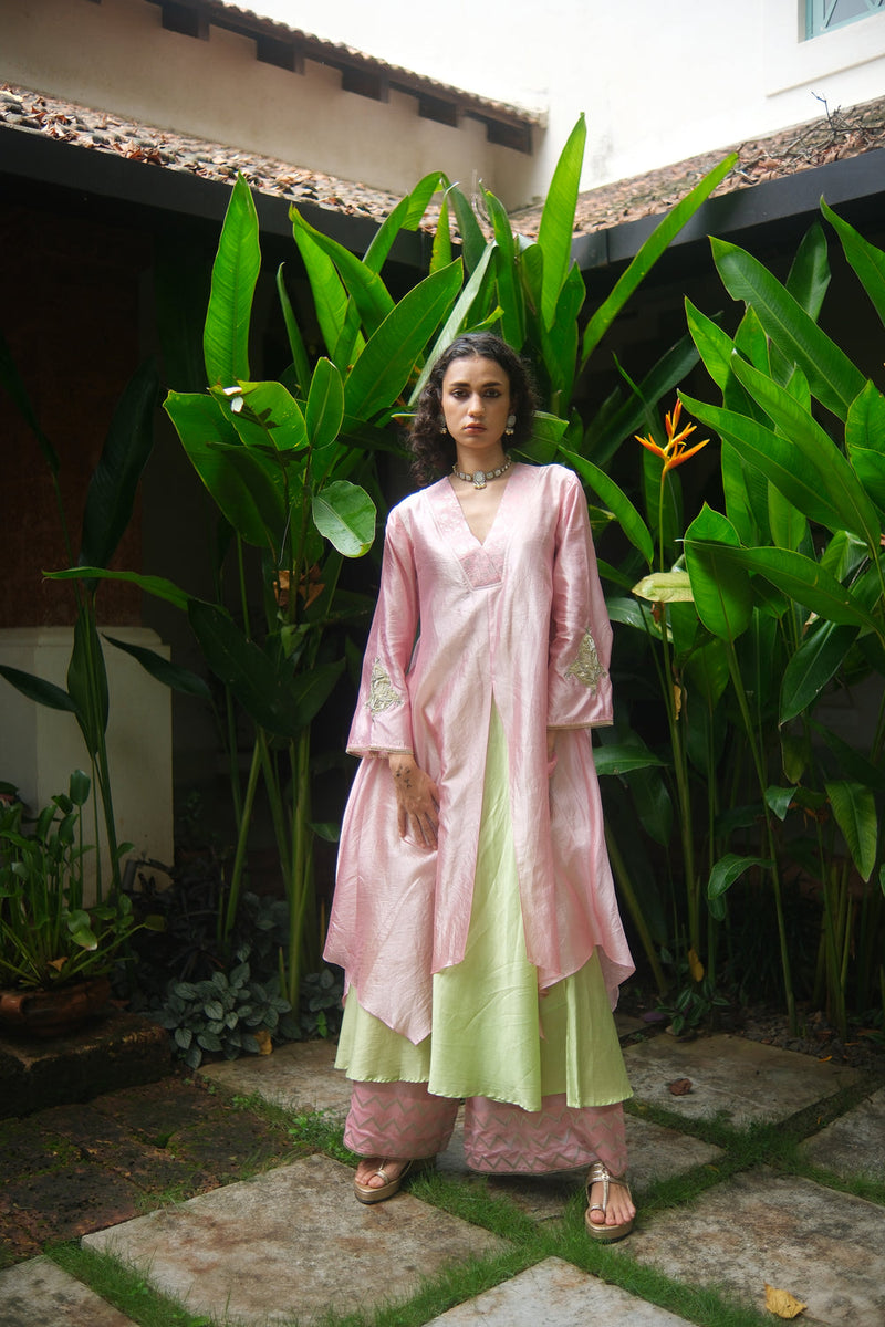 Saanjh Kurta Set dupion, chanderi silk kurta/kurta set by Myoho in pink for women in Singapore