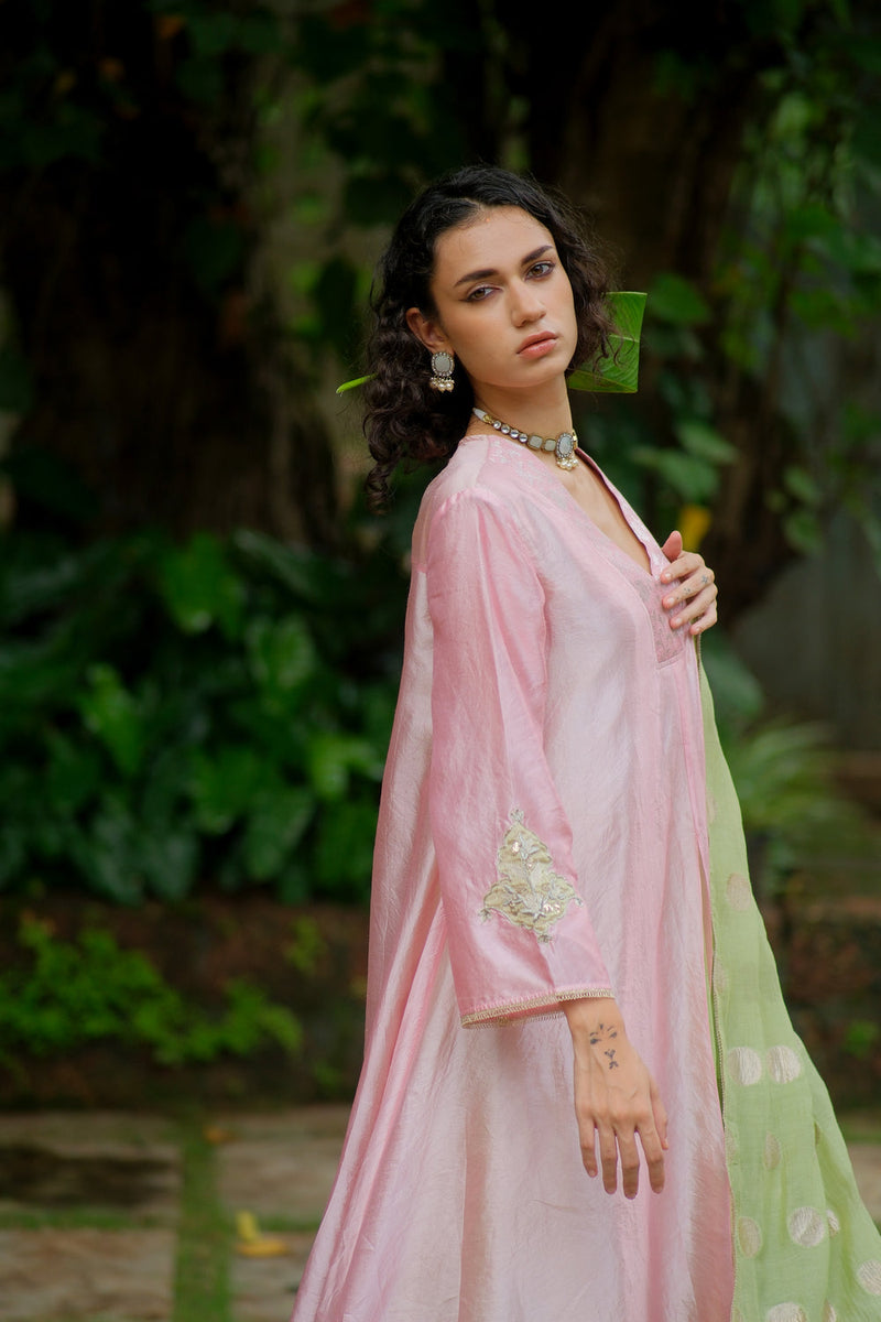 Saanjh Kurta Set dupion, chanderi silk kurta/kurta set by Myoho in pink for women in Singapore