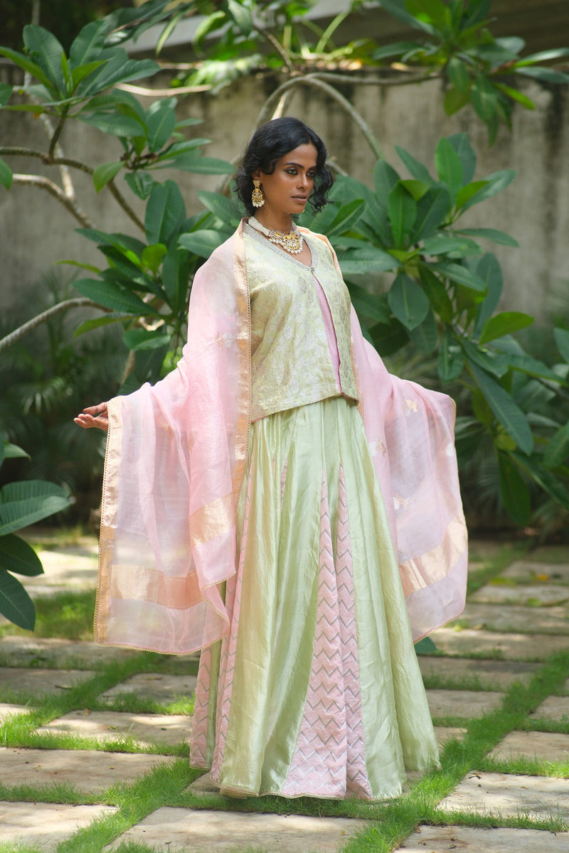 Aangan Lehenga Choli dupion, brocade lehenga sets by Myoho in sky for women in Singapore
