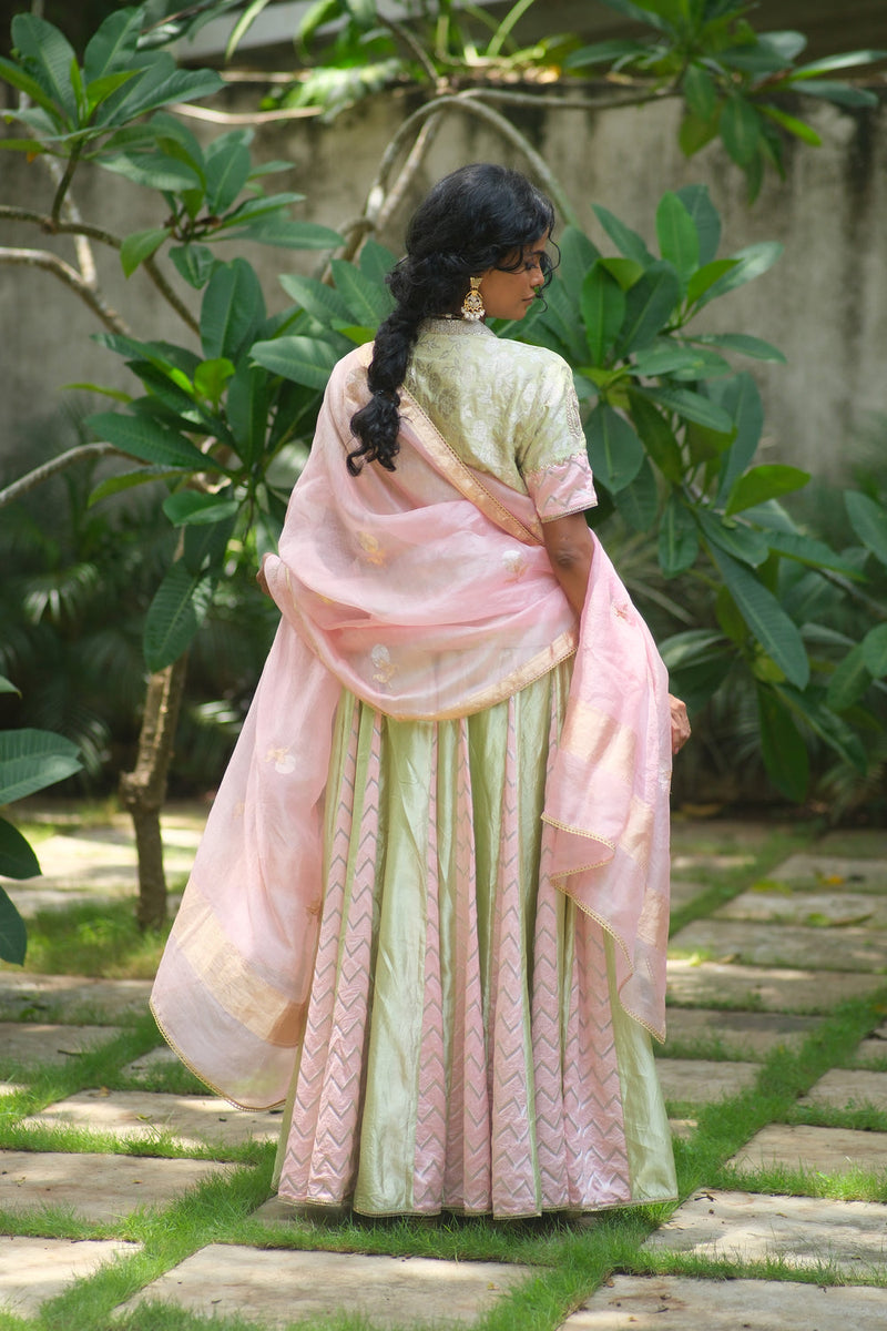Aangan Lehenga Choli dupion, brocade lehenga sets by Myoho in sky for women in Singapore