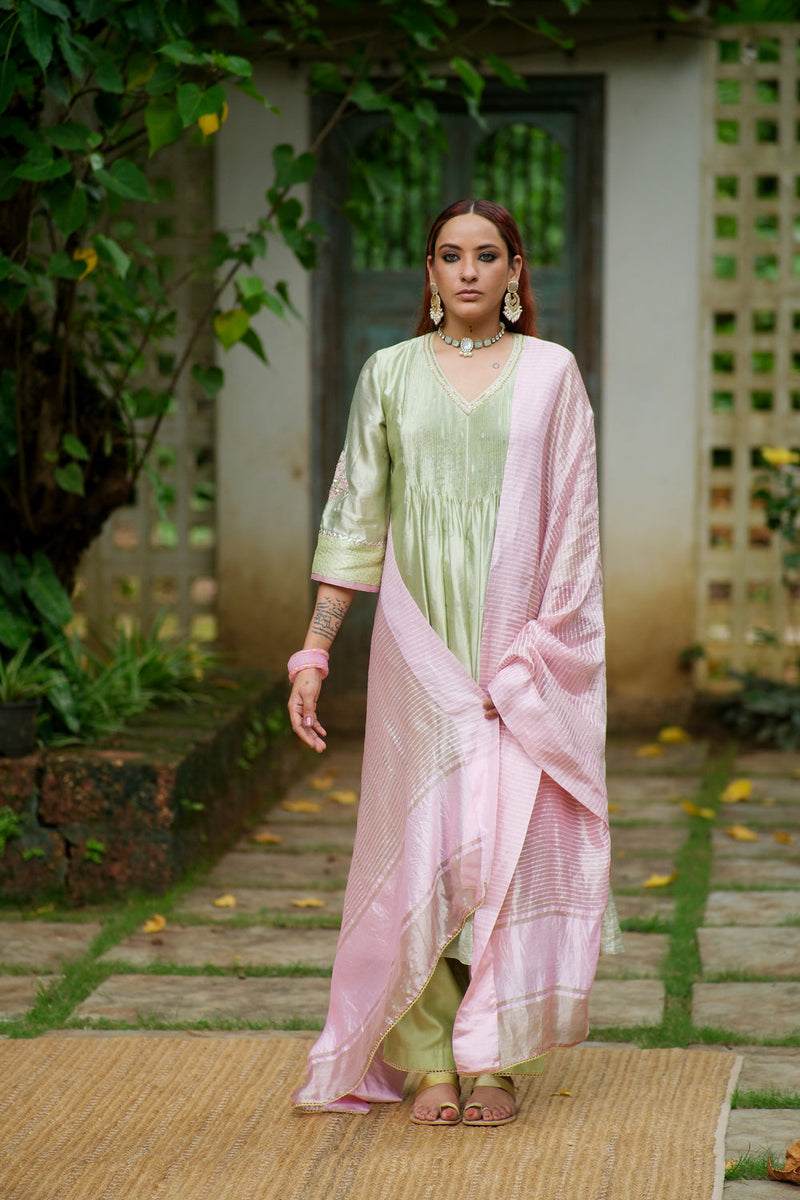 Gulmohar Kurta Set benarasi border, chanderi silk kurta/kurta set by Myoho in sky for women in Singapore