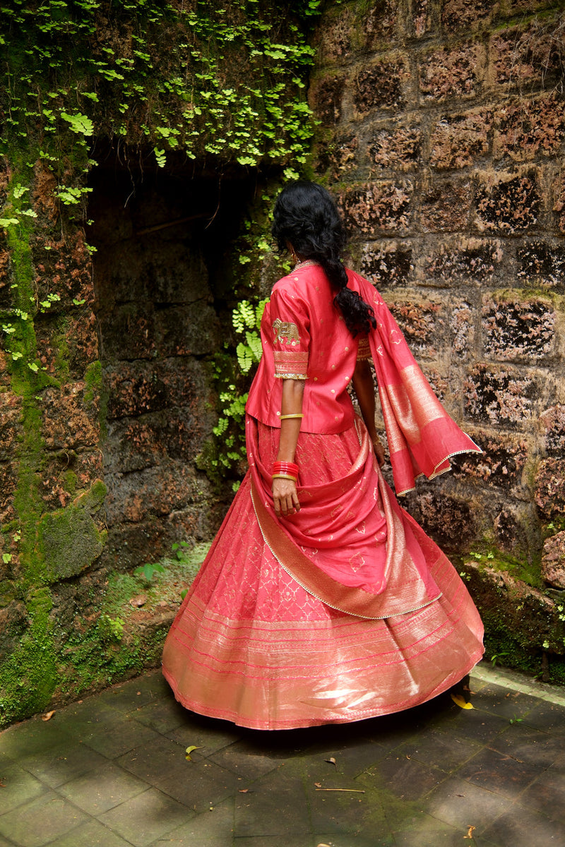 Khumar Lehenga Choli brocade lehenga sets by Myoho in red for women in Singapore