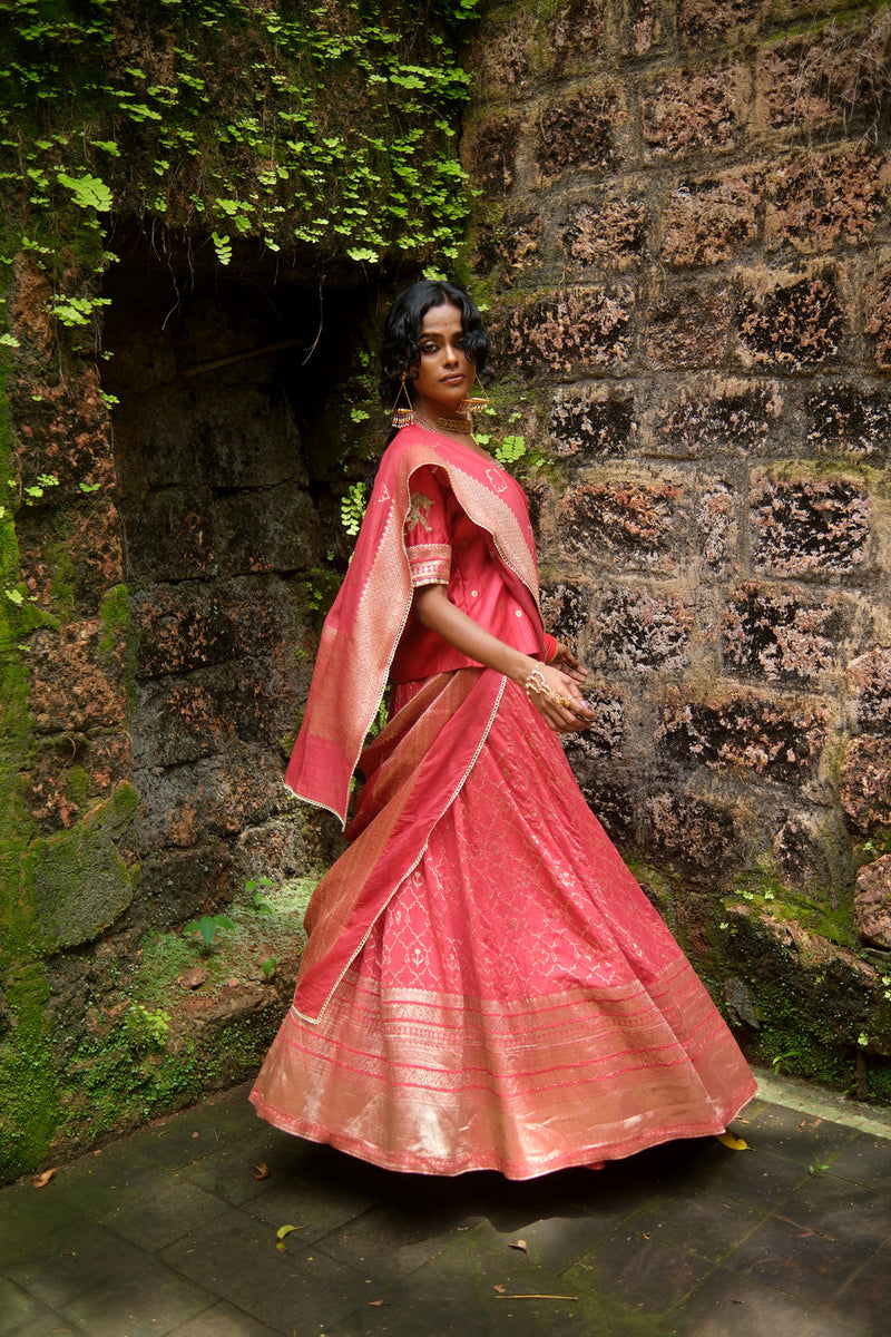 Khumar Lehenga Choli brocade lehenga sets by Myoho in red for women in Singapore