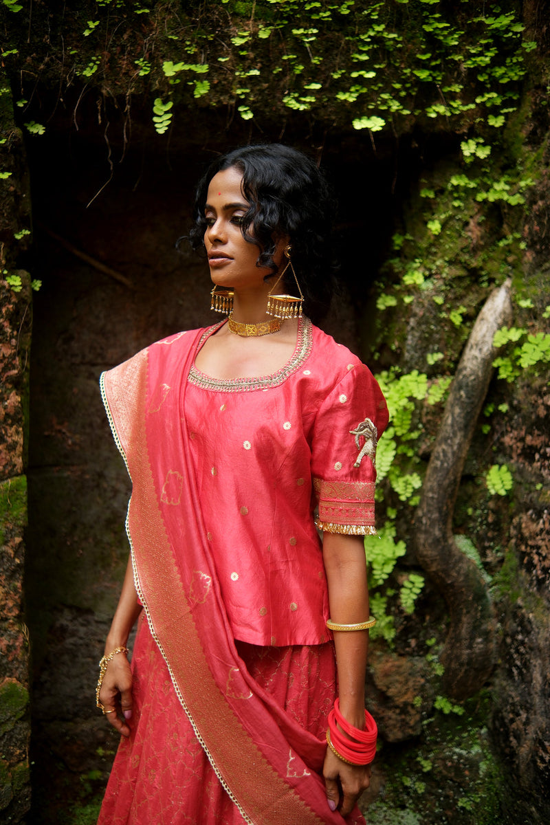 Khumar Lehenga Choli brocade lehenga sets by Myoho in red for women in Singapore