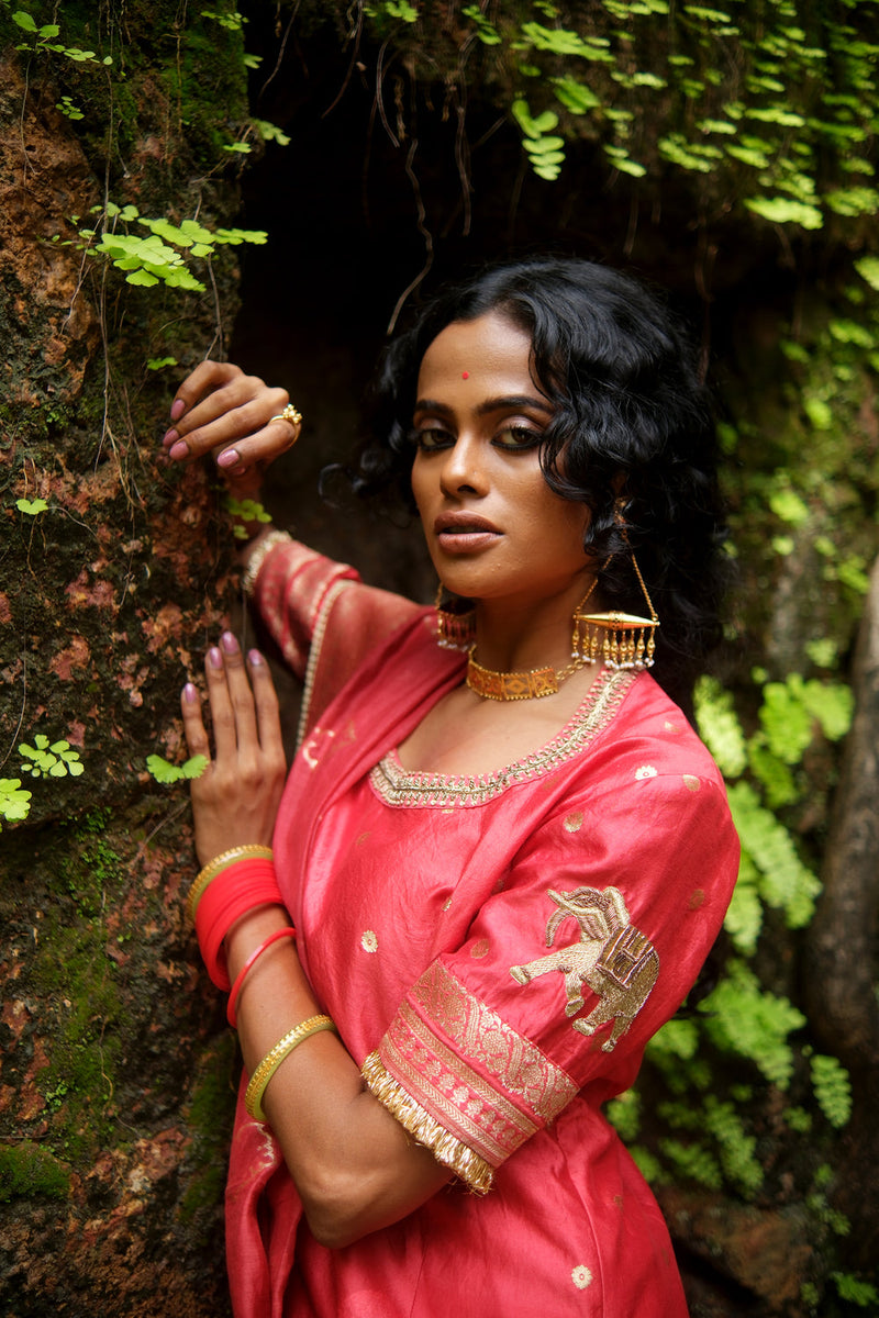 Khumar Lehenga Choli brocade lehenga sets by Myoho in red for women in Singapore