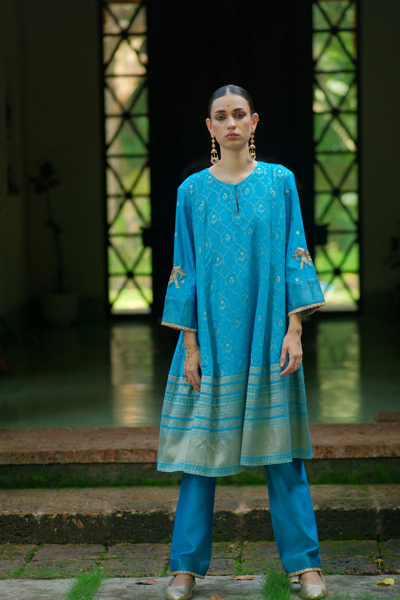 Nadi Kurta Set brocade, chanderi silk kurta/kurta set by Myoho in turqouise for women in Singapore