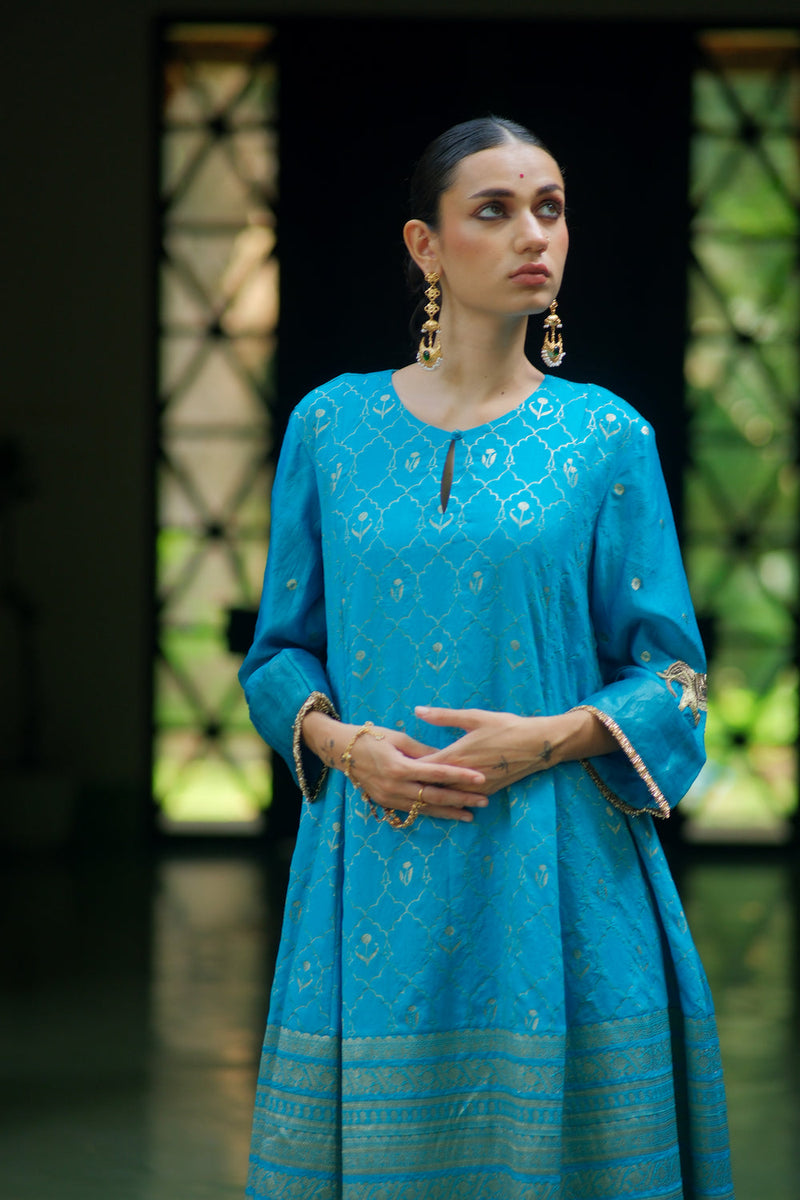 Nadi Kurta Set brocade, chanderi silk kurta/kurta set by Myoho in turqouise for women in Singapore