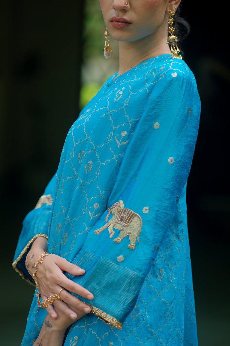 Nadi Kurta Set brocade, chanderi silk kurta/kurta set by Myoho in turqouise for women in Singapore