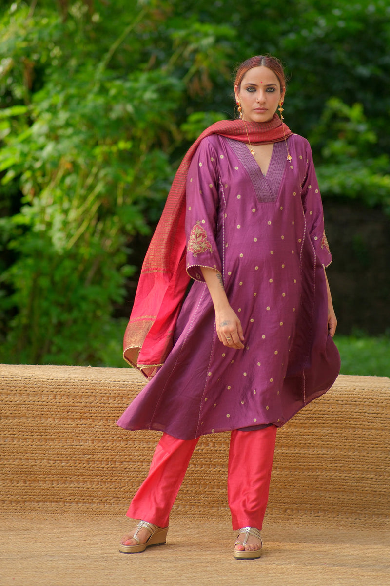 Prabha Kurta Set brocade, chanderi silk kurta/kurta set by Myoho in purple for women in Singapore