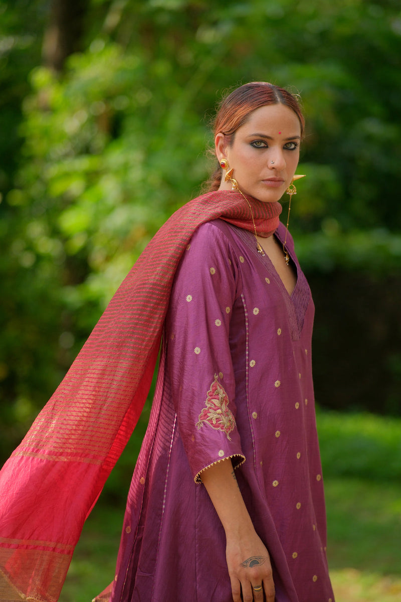Prabha Kurta Set brocade, chanderi silk kurta/kurta set by Myoho in purple for women in Singapore