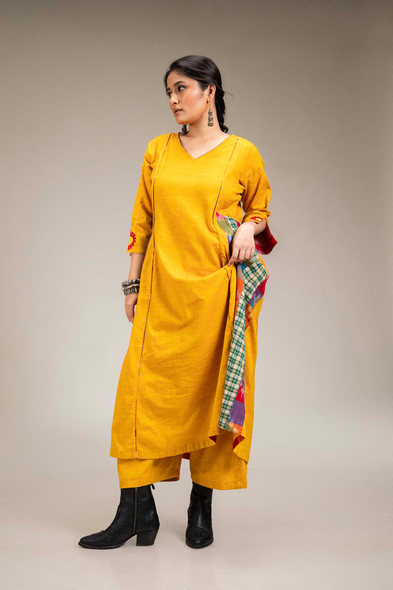 Suryoday Set (3 Piece - Kurta, Palazzo & Dupatta) cotton,gamcha co-ord set by 145 East in yellow, green for women in Singapore