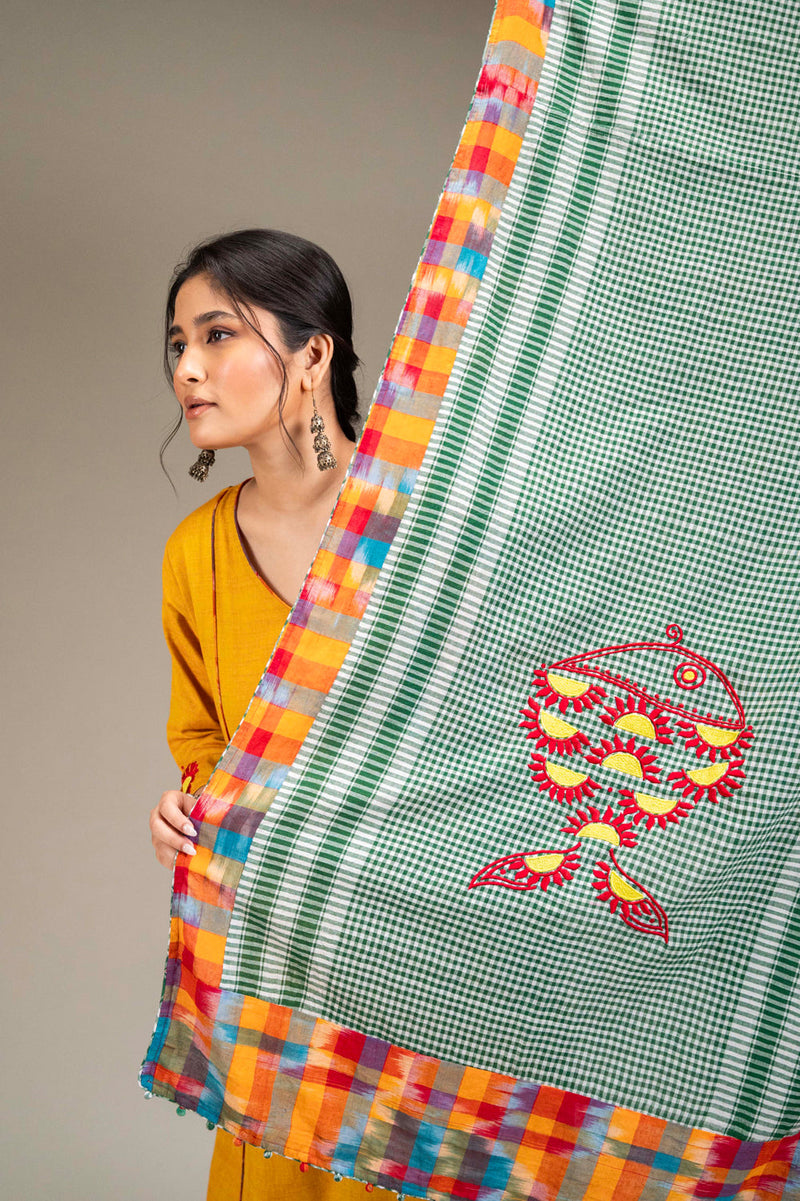 Suryoday Set (3 Piece - Kurta, Palazzo & Dupatta) cotton,gamcha co-ord set by 145 East in yellow, green for women in Singapore