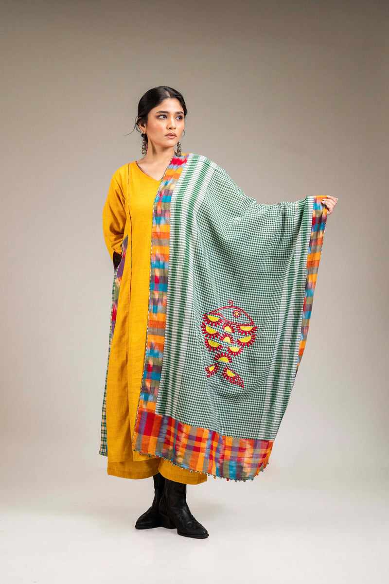 Suryoday Set (3 Piece - Kurta, Palazzo & Dupatta) cotton,gamcha co-ord set by 145 East in yellow, green for women in Singapore