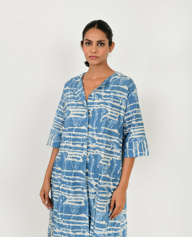 INDIGO SPLASH BUTTONED DRESS