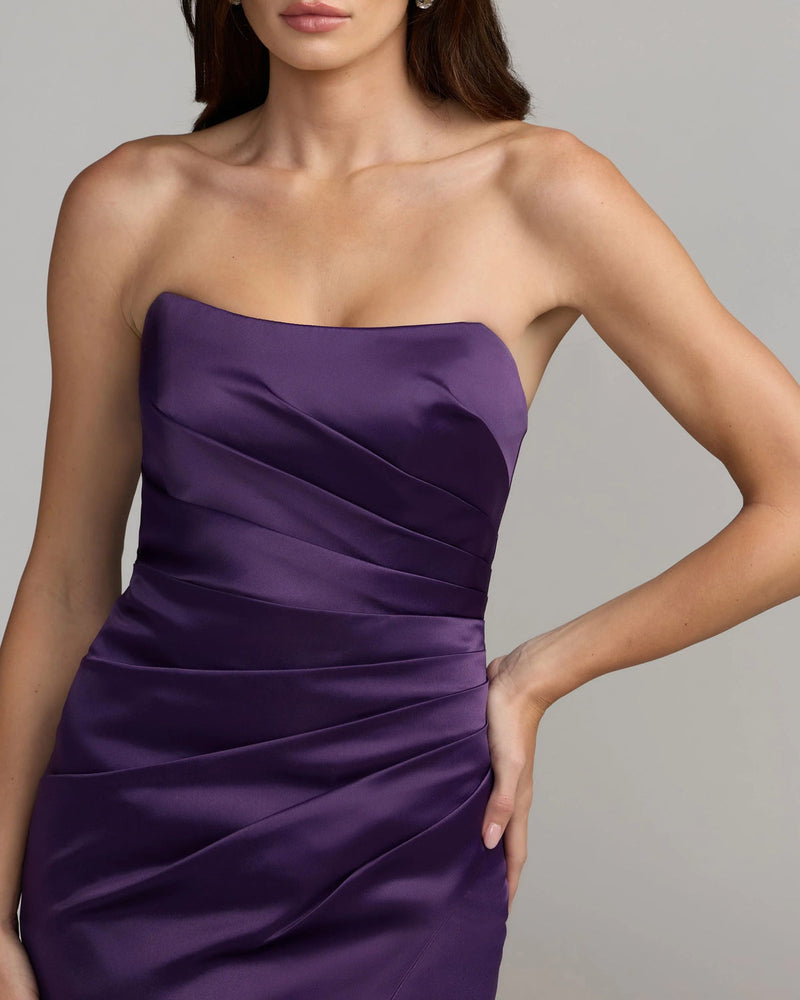 11653-Dark Purple Strapless Satin Gown With Slit polyester evening-gowns by Mac Duggal in purple for women in Singapore
