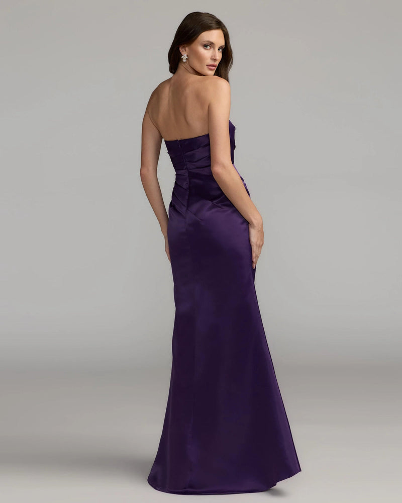 11653-Dark Purple Strapless Satin Gown With Slit polyester evening-gowns by Mac Duggal in purple for women in Singapore