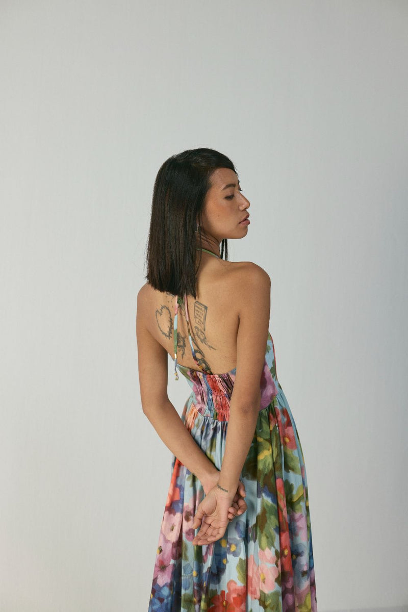 DARLINGTON HALTER NECK DRESS satin by Yam in multi color for women in Singapore