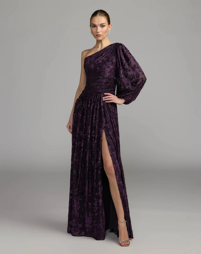 50179-Deep Purple One Shoulder Long Sleeve Burnout Velvet Gown polyester evening-gowns by Mac Duggal in purple for women in Singapore