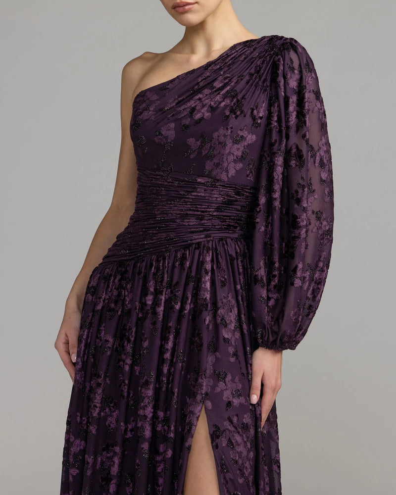 50179-Deep Purple One Shoulder Long Sleeve Burnout Velvet Gown polyester evening-gowns by Mac Duggal in purple for women in Singapore