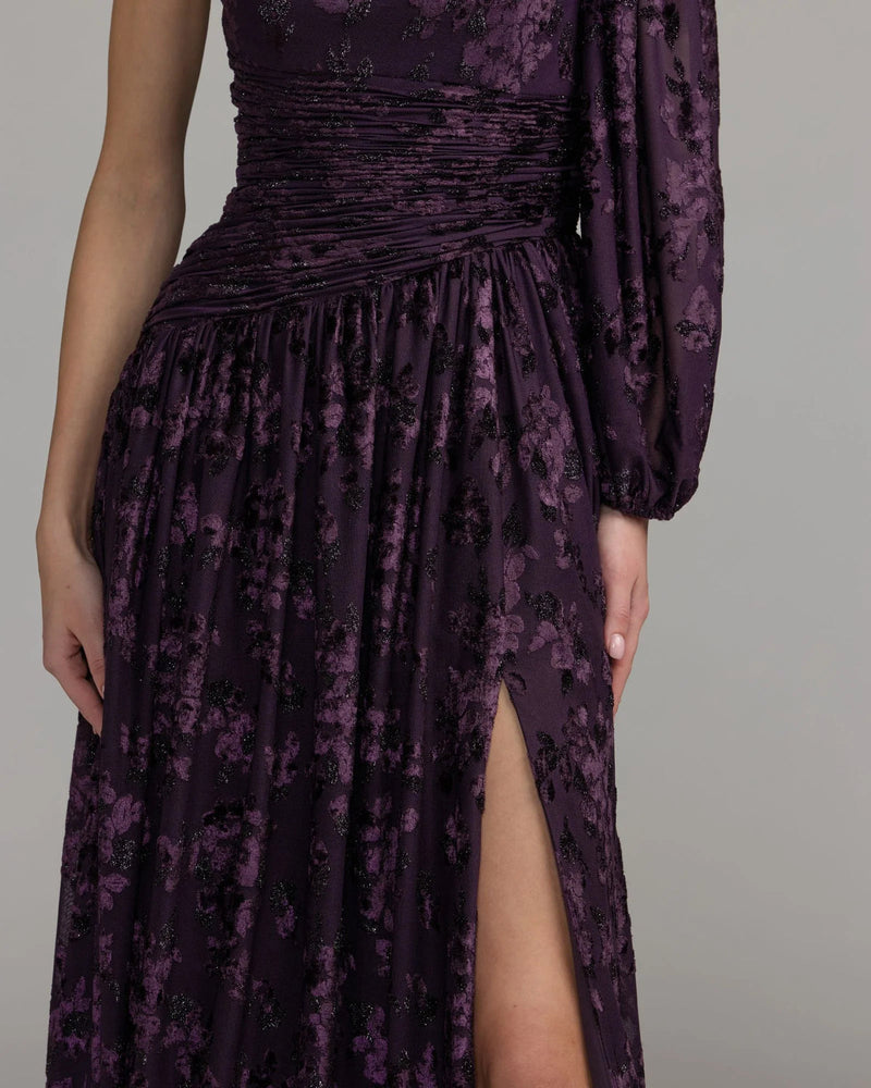 50179-Deep Purple One Shoulder Long Sleeve Burnout Velvet Gown polyester evening-gowns by Mac Duggal in purple for women in Singapore