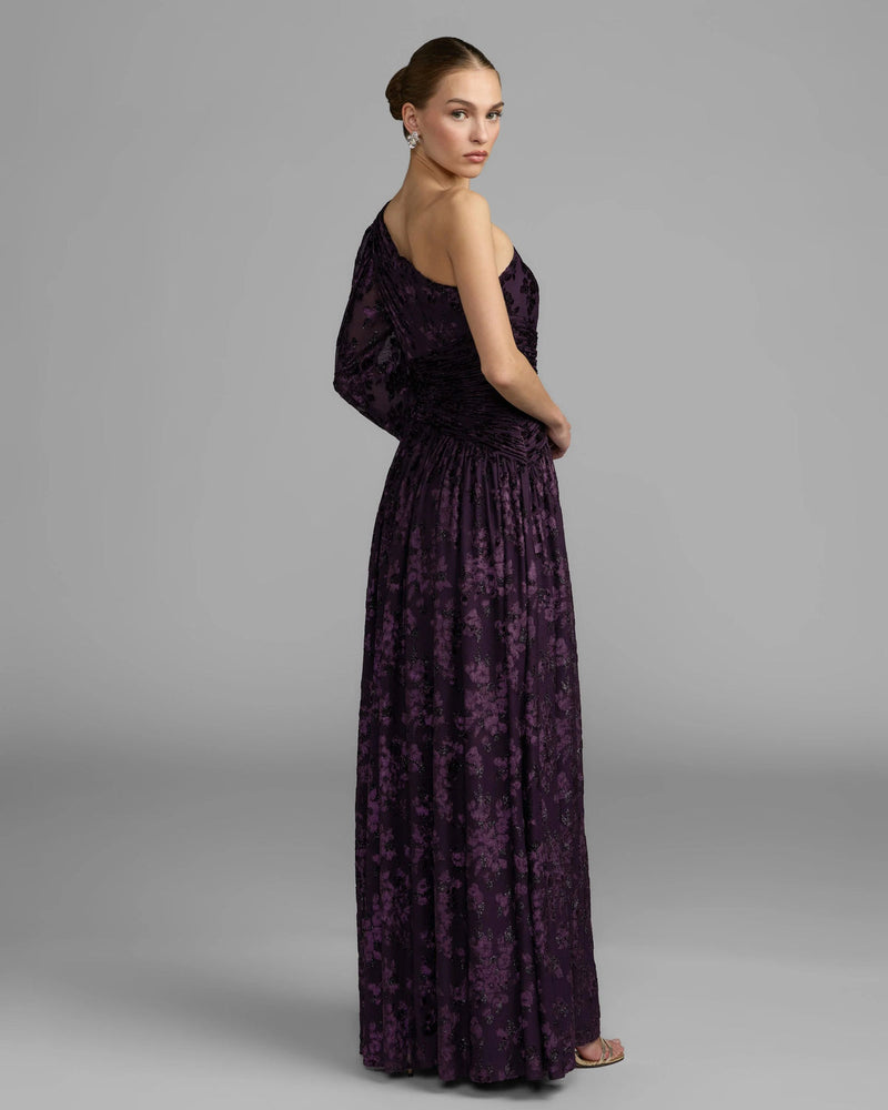 50179-Deep Purple One Shoulder Long Sleeve Burnout Velvet Gown polyester evening-gowns by Mac Duggal in purple for women in Singapore