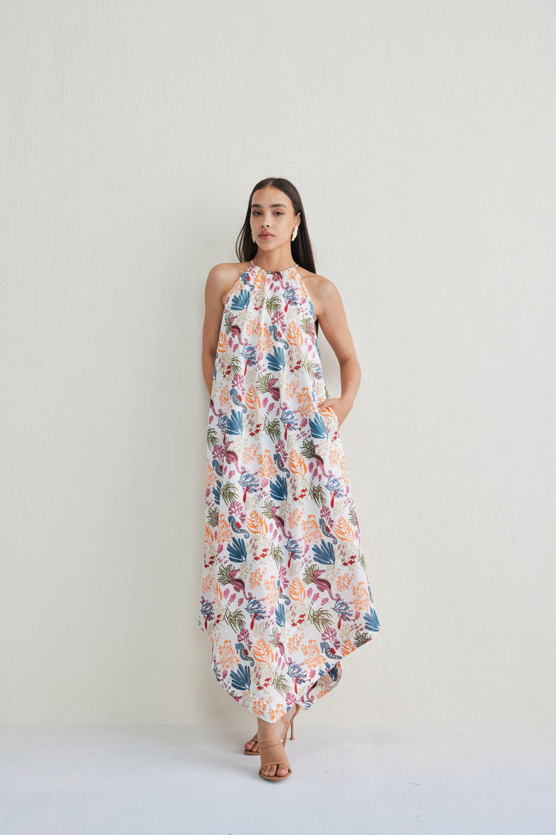 Deep Sea Lyocell Halter Maxi Dress