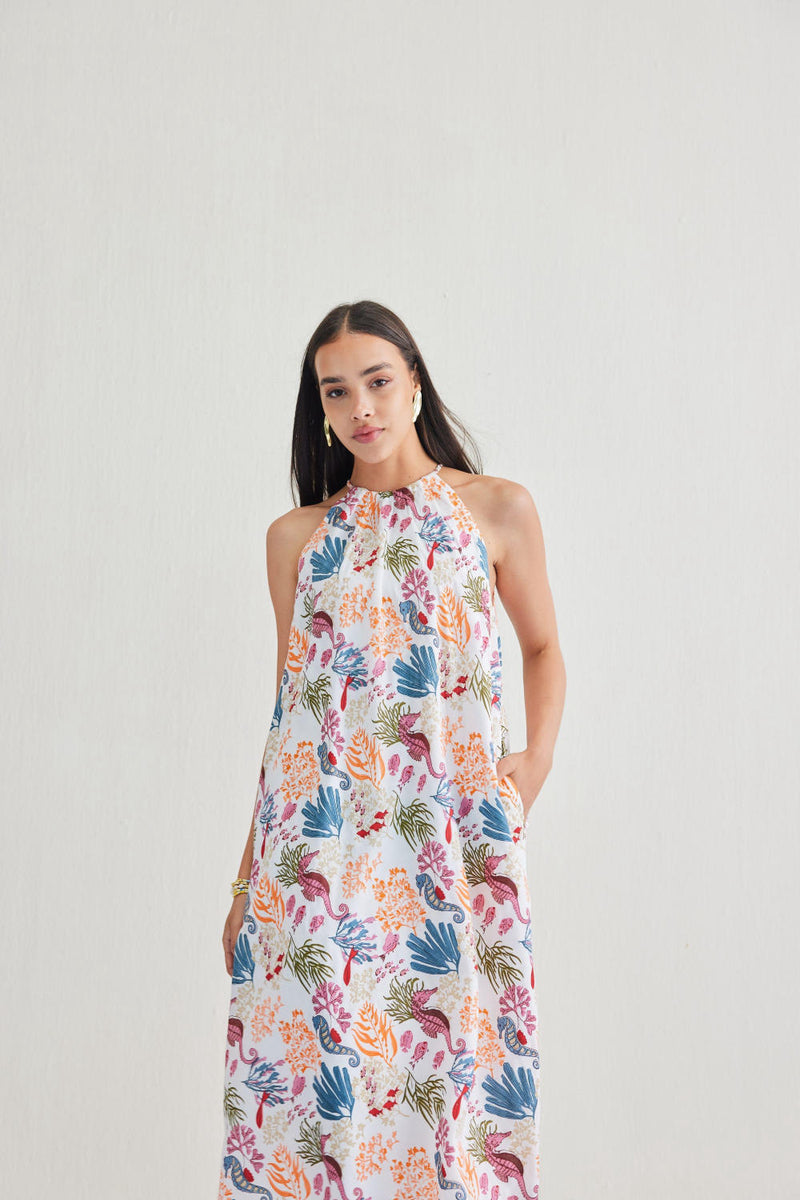 Deep Sea Lyocell Halter Maxi Dress