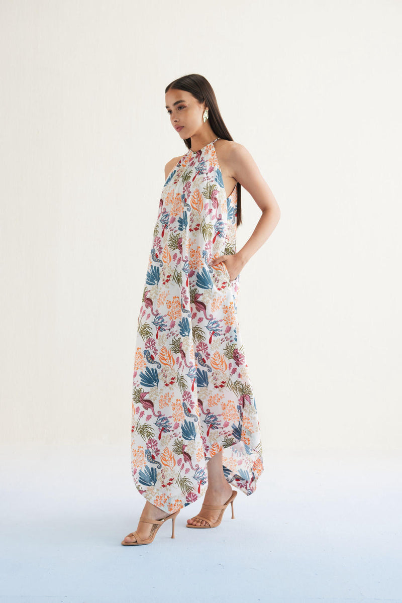 Deep Sea Lyocell Halter Maxi Dress