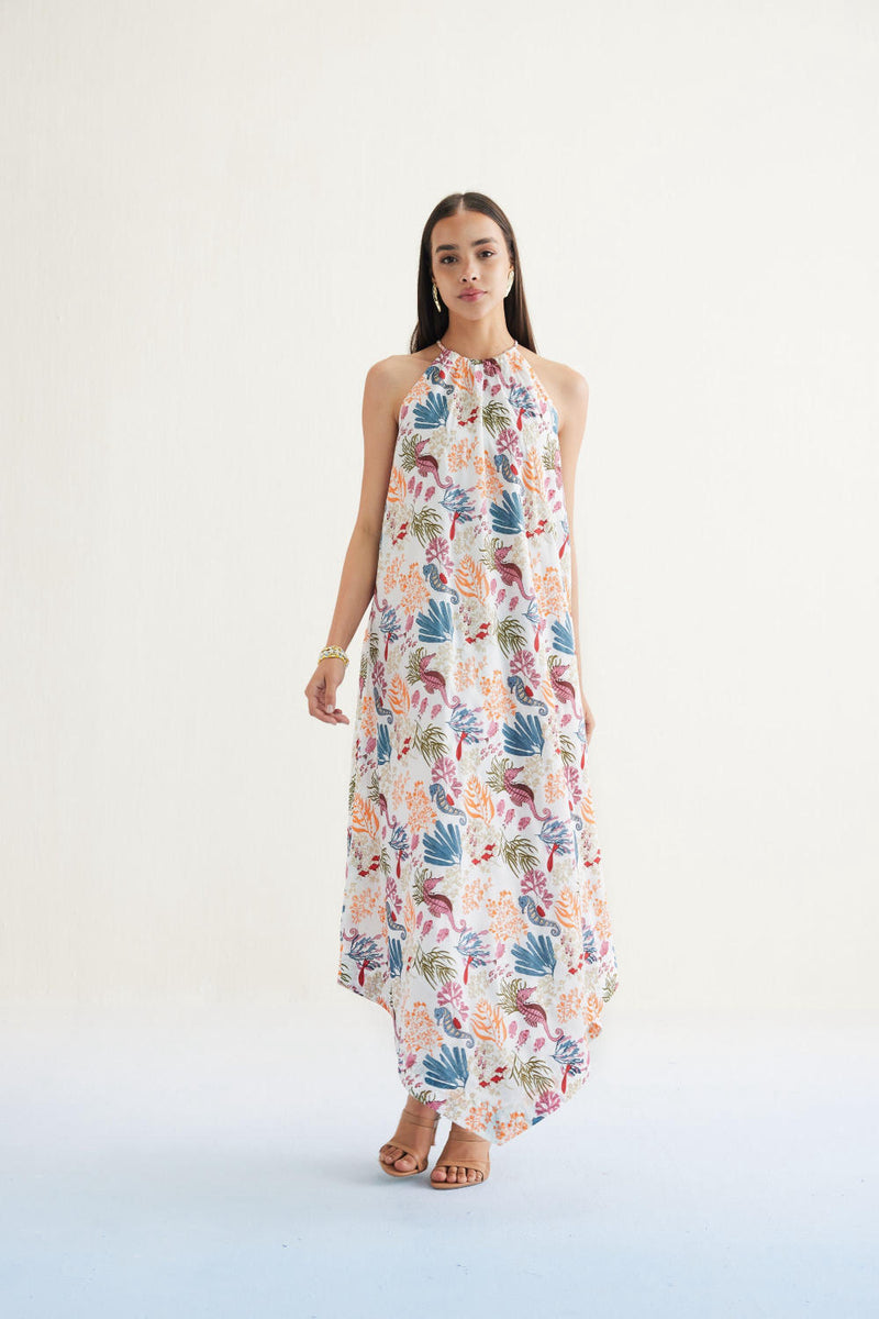 Deep Sea Lyocell Halter Maxi Dress