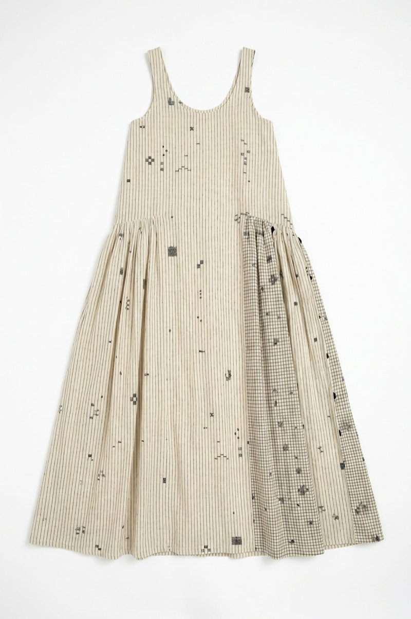 Desert Rhythm Midi Dress-Fine stripe cotton jamdani dress by World of Crow in white for women in Singapore