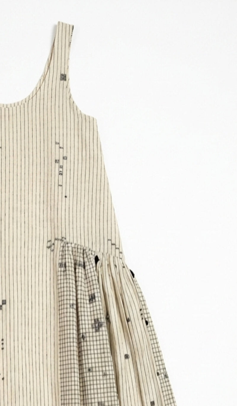 Desert Rhythm Midi Dress-Fine stripe cotton jamdani dress by World of Crow in white for women in Singapore