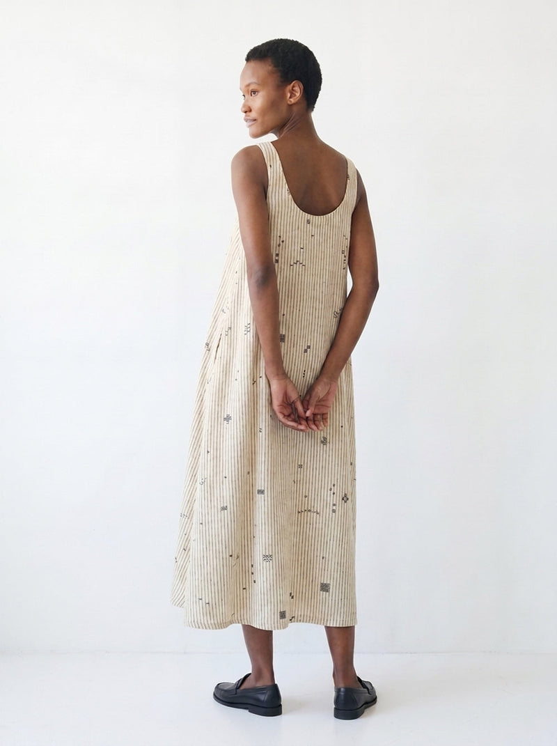 Desert Rhythm Midi Dress-Fine stripe cotton jamdani dress by World of Crow in white for women in Singapore