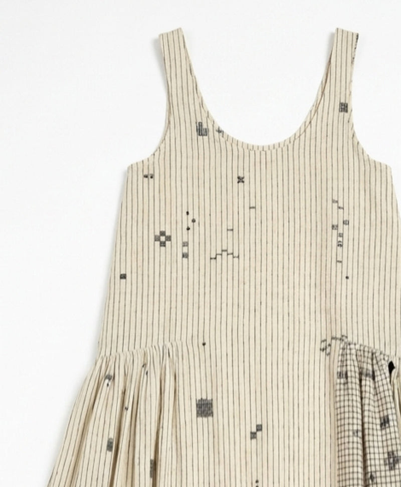 Desert Rhythm Midi Dress-Fine stripe cotton jamdani dress by World of Crow in white for women in Singapore